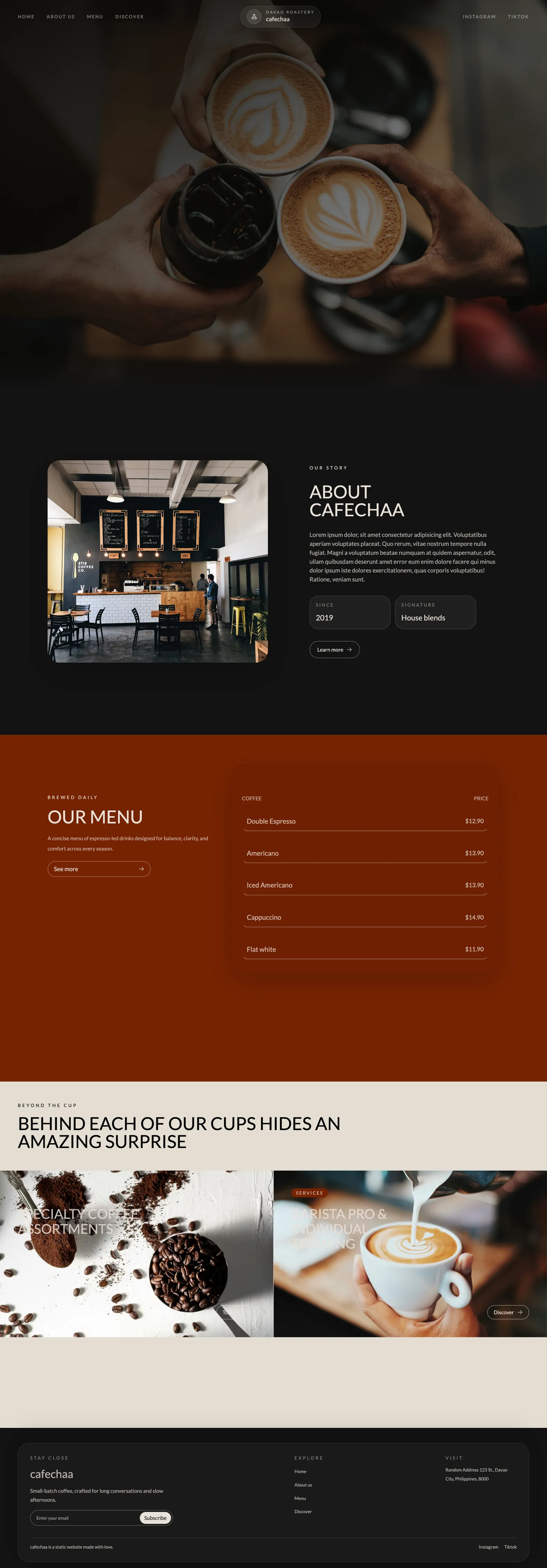 Cafechaa — Coffee landing experience built with React, Tailwind, and Framer Motion.