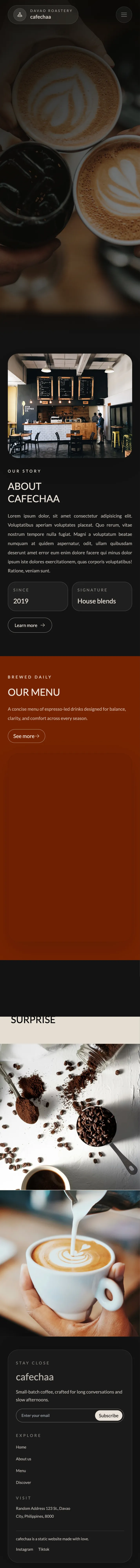 Cafechaa — Coffee landing experience built with React, Tailwind, and Framer Motion.